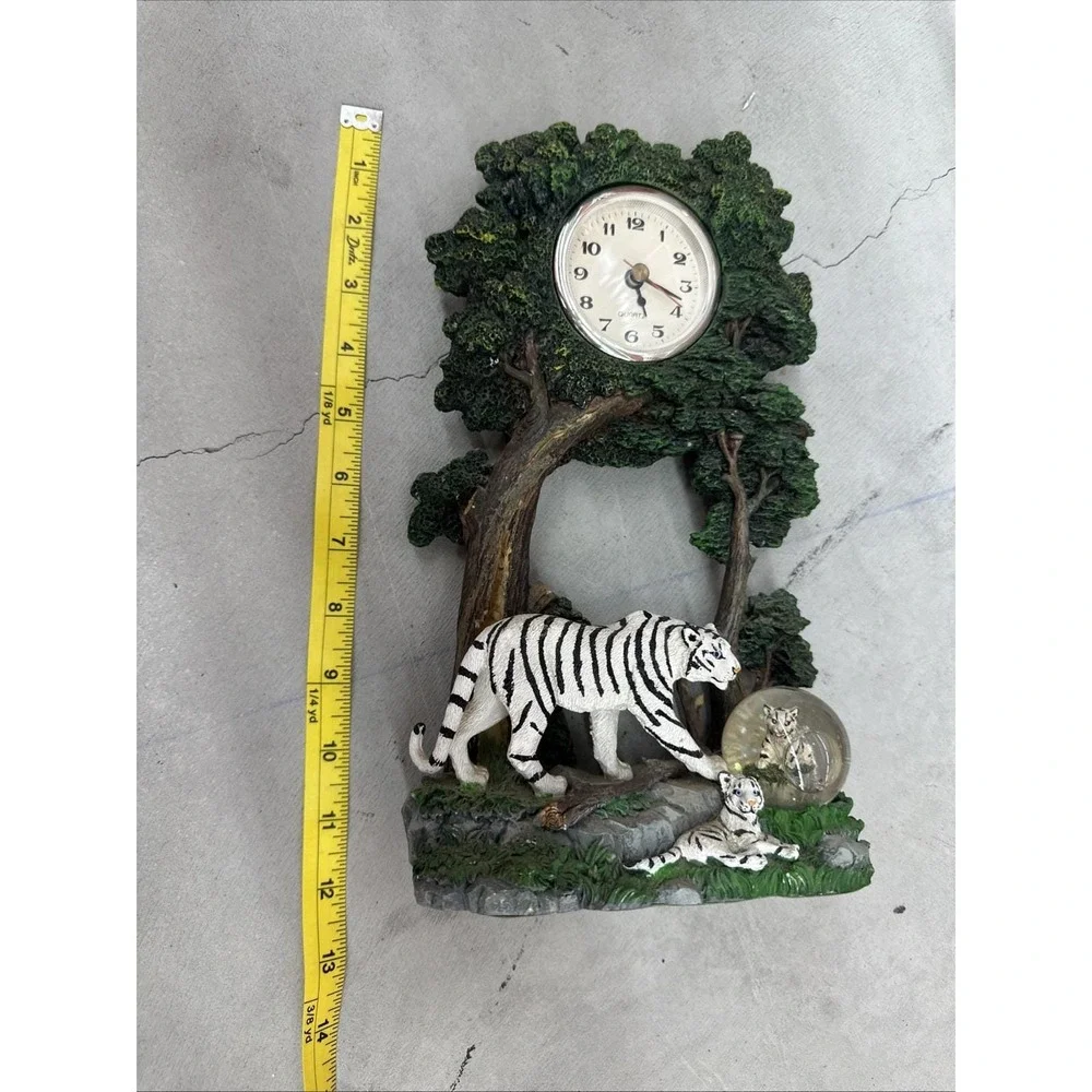 Vintage White Tiger Figurine Clock With Mini Snow globe Year 2000